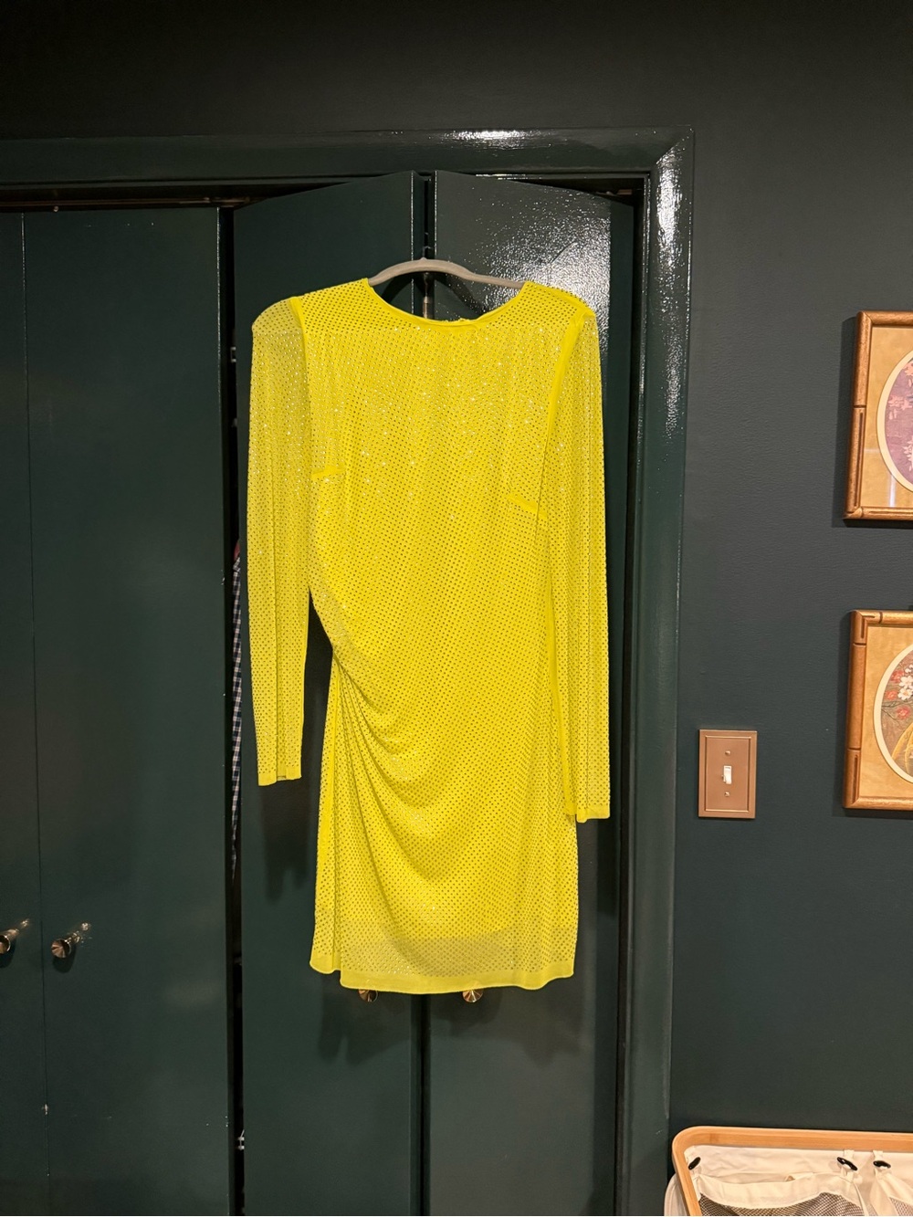 H&M Lime Green Long-Sleeve Ruched Mesh Dress with all over Rhinestones